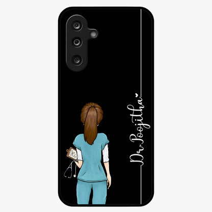 Doctor Pattern Custom Name Glass Case showing flat back view with medical themed pattern and personalized name design.