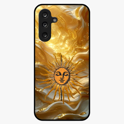Eternal Golden Glow Glass Case showing flat back view with radiant golden themed artwork and glossy glass finish.