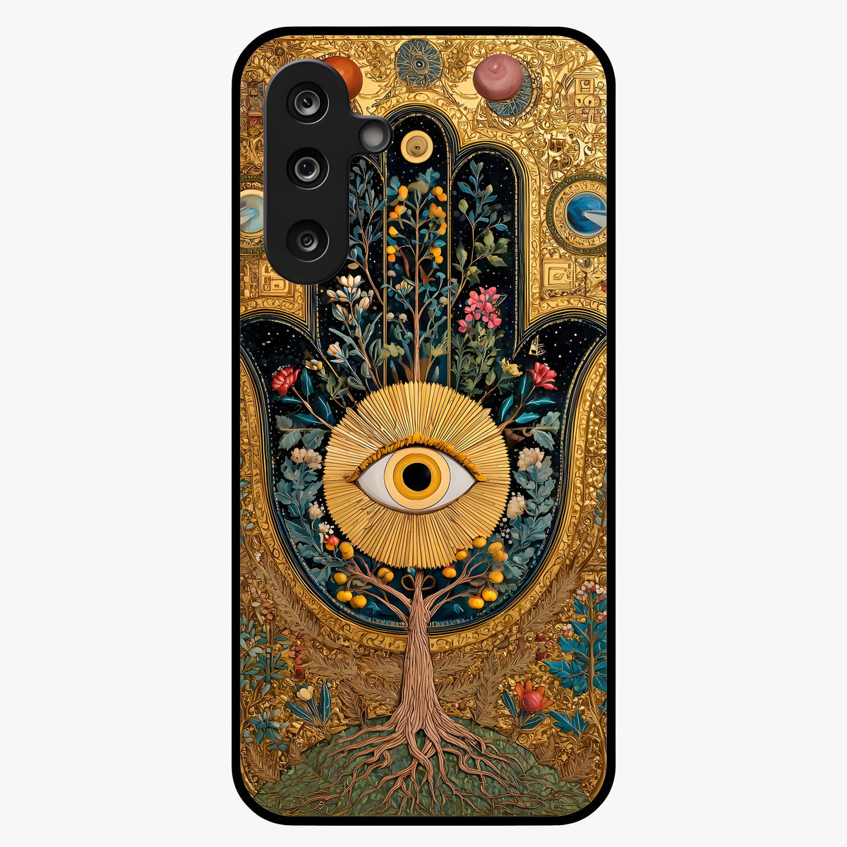Ethereal Evil Eye Glass Case showing flat back view with mystical evil eye artwork and glossy glass finish.
