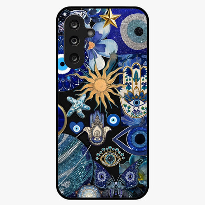 Evil Eye Charm Mix Glass Case showing flat back view with multiple evil eye charms artwork and glossy glass finish.