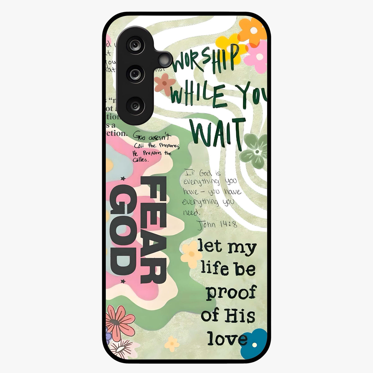 Faith Over Fear Glass Case showing flat back view with motivational typography artwork and glossy glass finish.