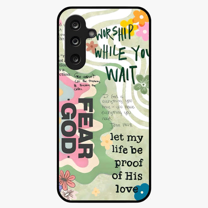 Faith Over Fear Glass Case showing flat back view with motivational typography artwork and glossy glass finish.
