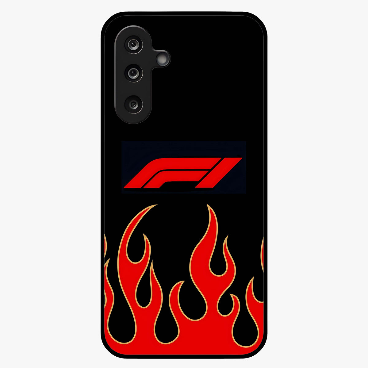 Fire F11 Glass Case showing flat back view with fiery themed artwork and glossy glass finish.