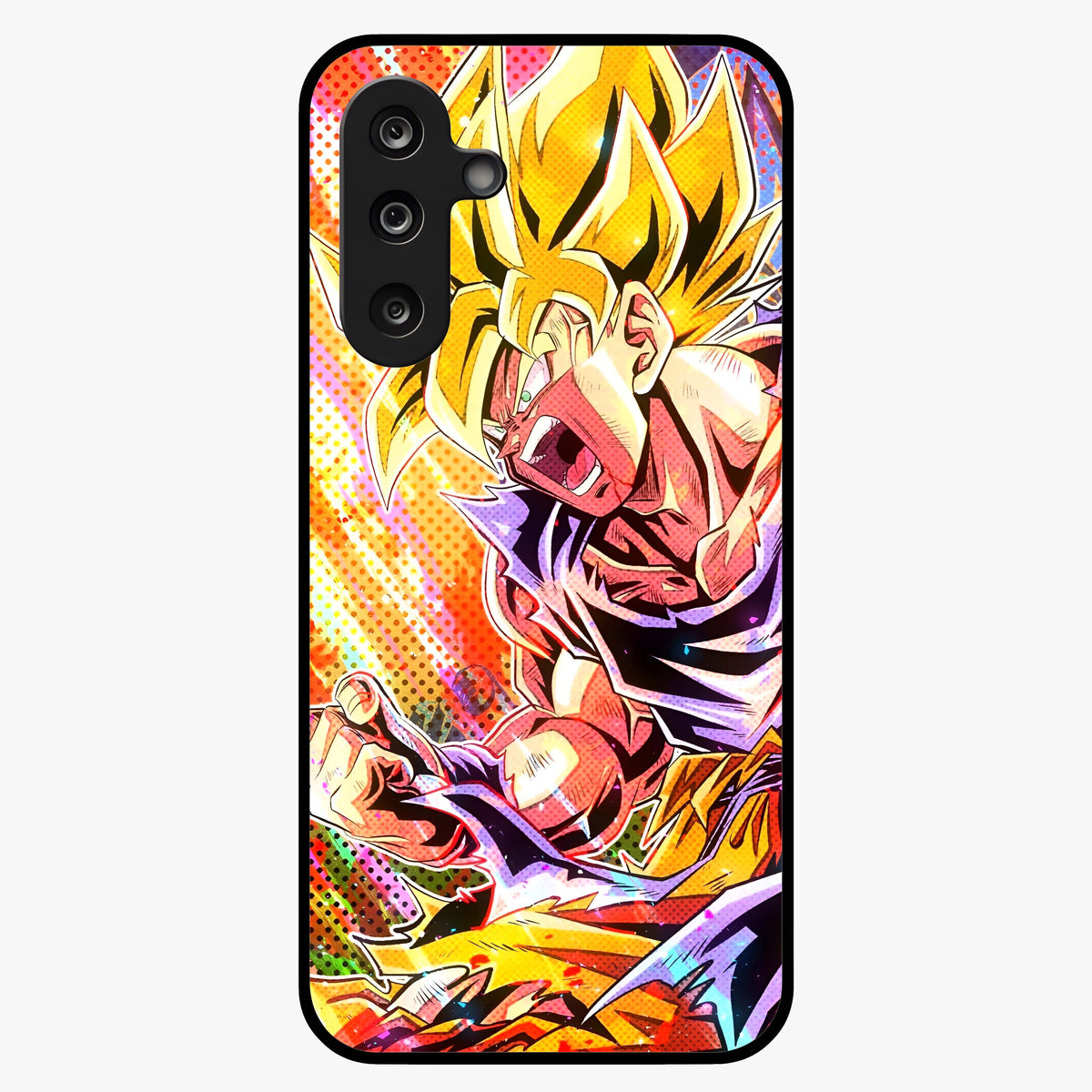 Firing Goku Glass Case showing flat back view with powerful anime inspired artwork and glossy glass finish.
