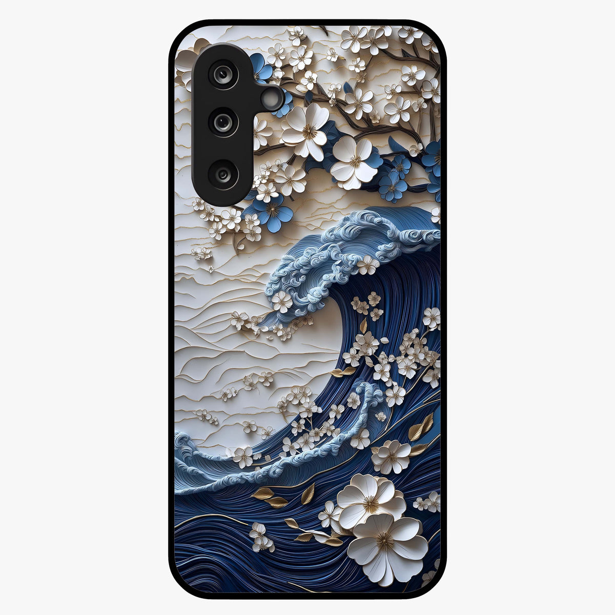 Floral Wave Origami Glass Case showing flat back view with origami inspired floral wave artwork and glossy glass finish.