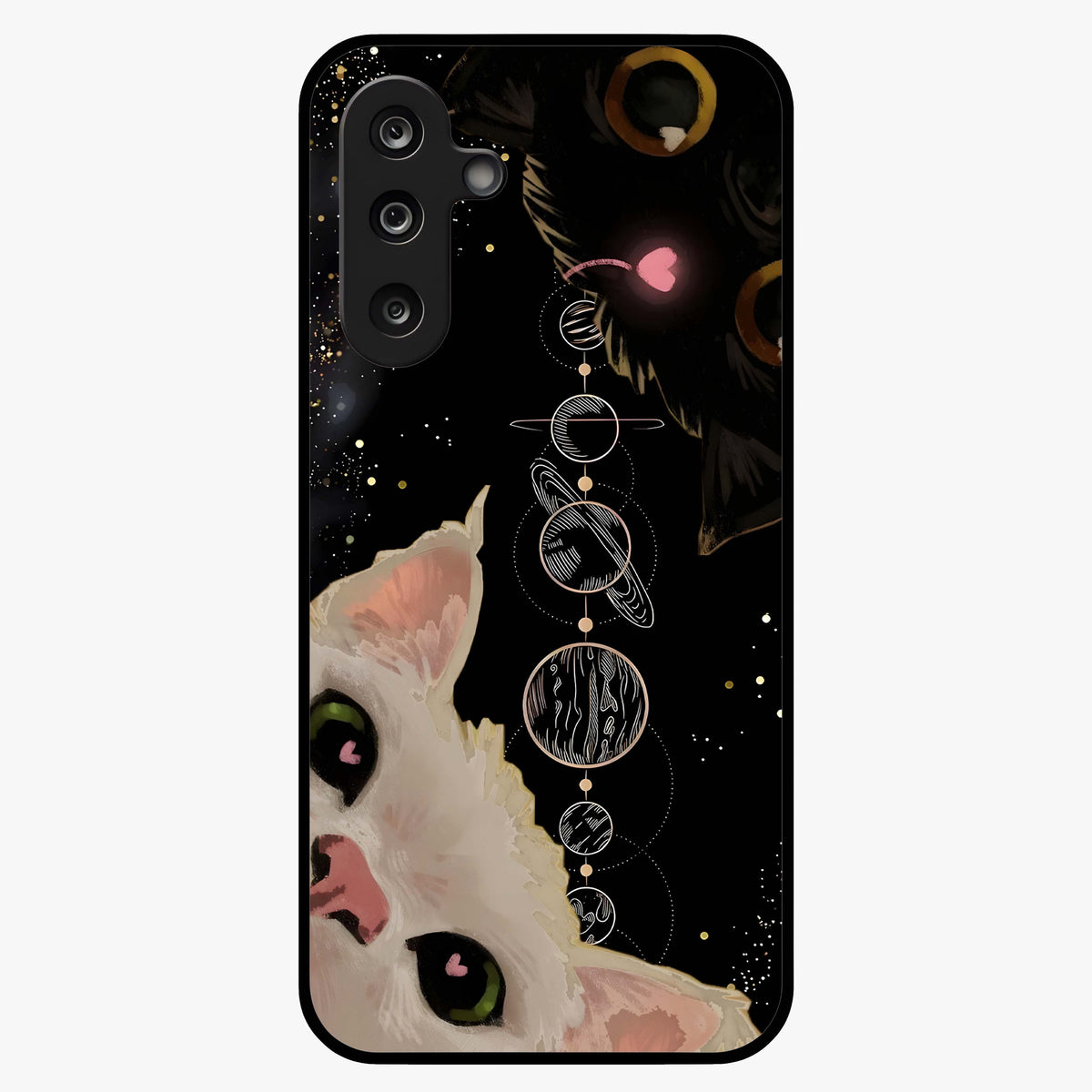 Galactic Cat Glass Case showing flat back view with cosmic cat artwork and glossy glass finish.