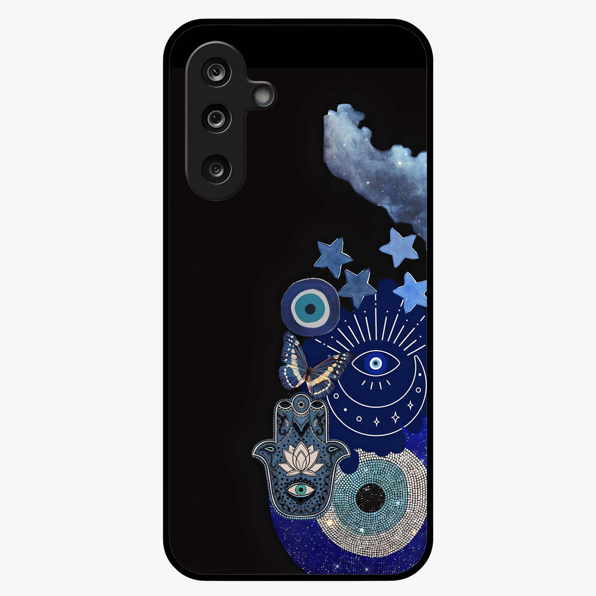 Galactic Charm Cluster Glass Case showing flat back view with glowing celestial charm artwork and glossy glass finish.