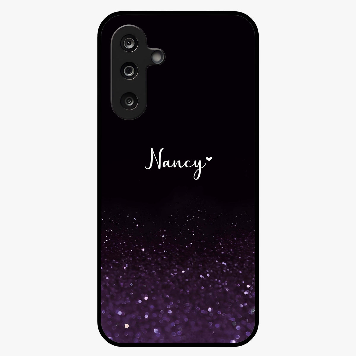 Glittery Purple Bokeh Custom Name Glass Case showing flat back view with purple bokeh sparkle artwork and personalized name design.