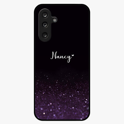 Glittery Purple Bokeh Custom Name Glass Case showing flat back view with purple bokeh sparkle artwork and personalized name design.