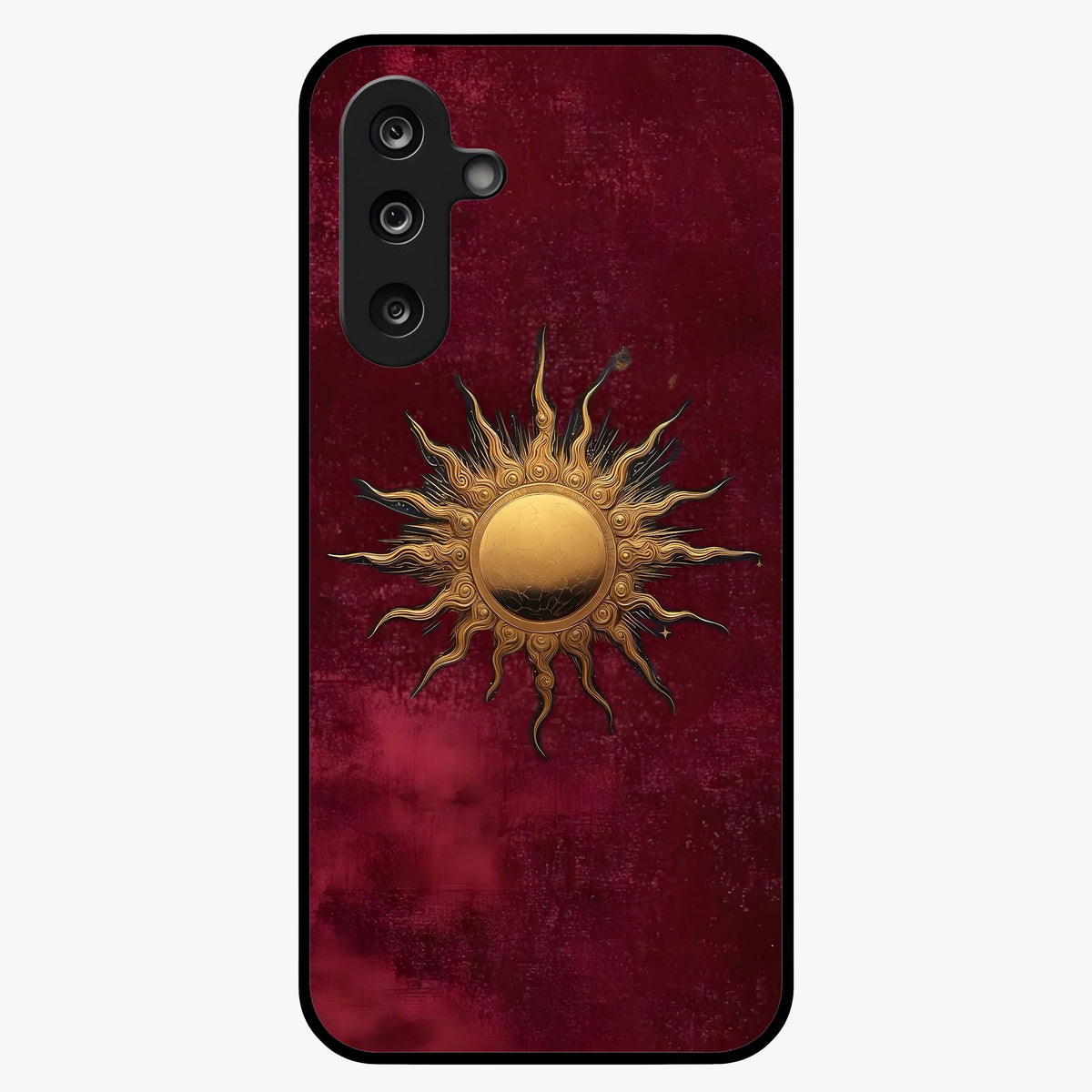 Gold Sun Blush Glass Case showing flat back view with golden sun inspired artwork and glossy glass finish.