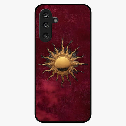 Gold Sun Blush Glass Case showing flat back view with golden sun inspired artwork and glossy glass finish.