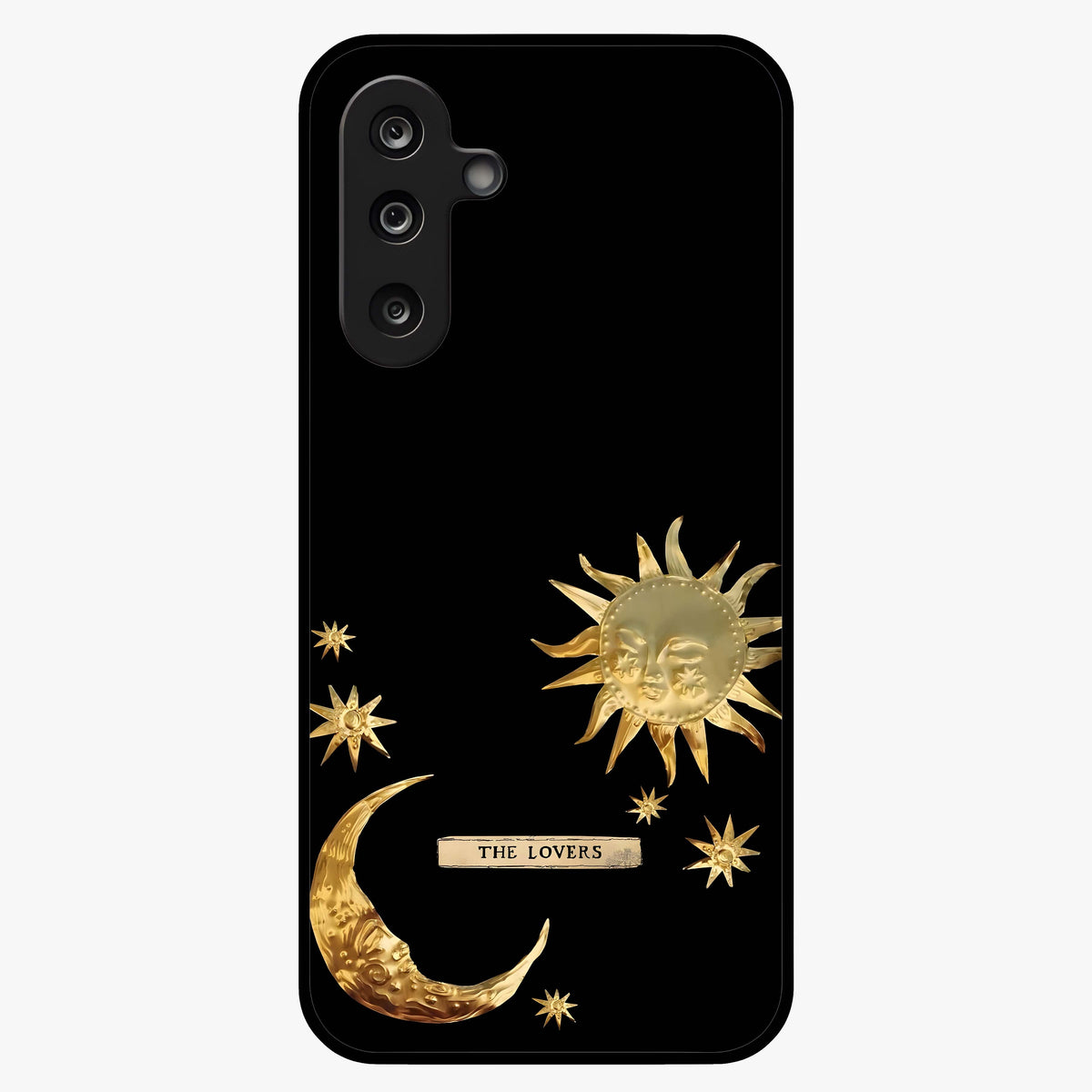 Golden Celestial Charm Glass Case showing flat back view with golden celestial charm artwork and glossy glass finish.