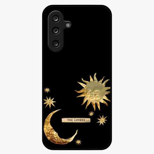 Golden Celestial Charm Glass Case showing flat back view with golden celestial charm artwork and glossy glass finish.