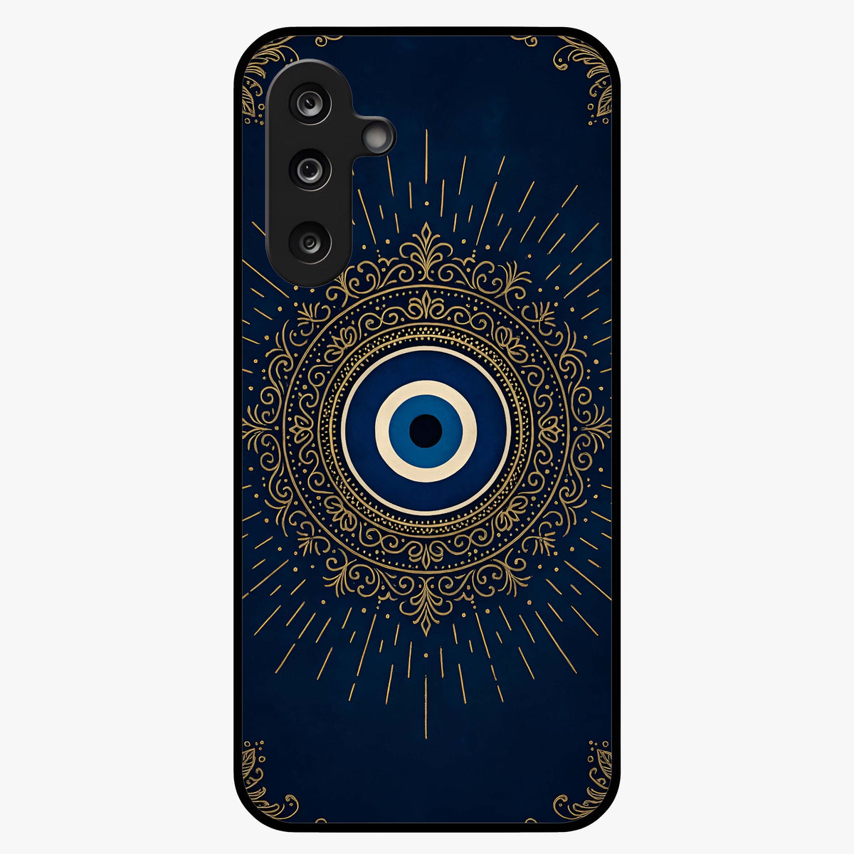Golden Evil Eye Mandala Glass Case showing flat back view with intricate evil eye mandala artwork and glossy glass finish.