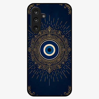 Golden Evil Eye Mandala Glass Case showing flat back view with intricate evil eye mandala artwork and glossy glass finish.
