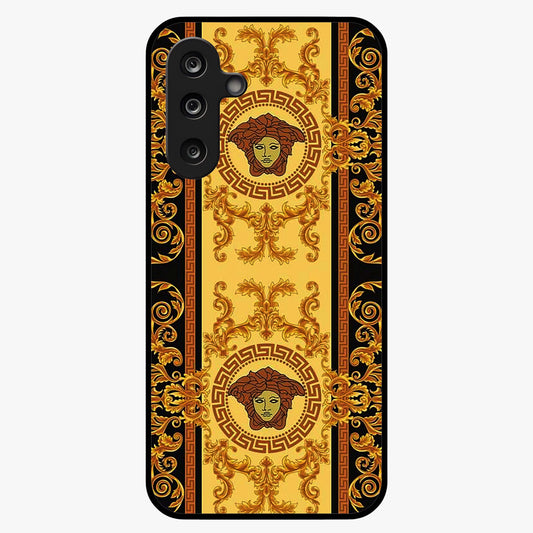 Golden Royal Heritage Glass Case showing flat back view with ornate royal pattern artwork and glossy glass finish.
