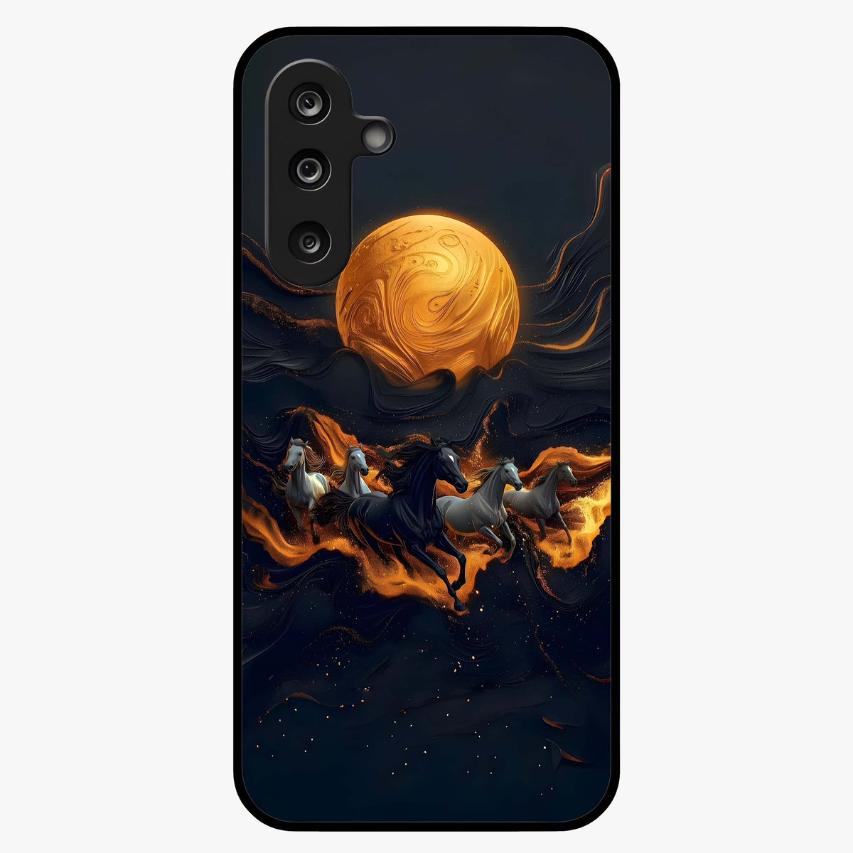 Golden Stallion Moonride Glass Case showing flat back view with majestic horse under moonlight artwork and glossy glass finish.