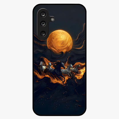 Golden Stallion Moonride Glass Case showing flat back view with majestic horse under moonlight artwork and glossy glass finish.