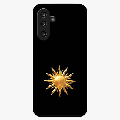 Golden Sun Minimalism Glass Case showing flat back view with minimal golden sun artwork and glossy glass finish.