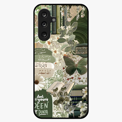 Green Islamic Books Quotes Glass Case showing flat back view with Islamic quotes and book themed artwork and glossy glass finish.