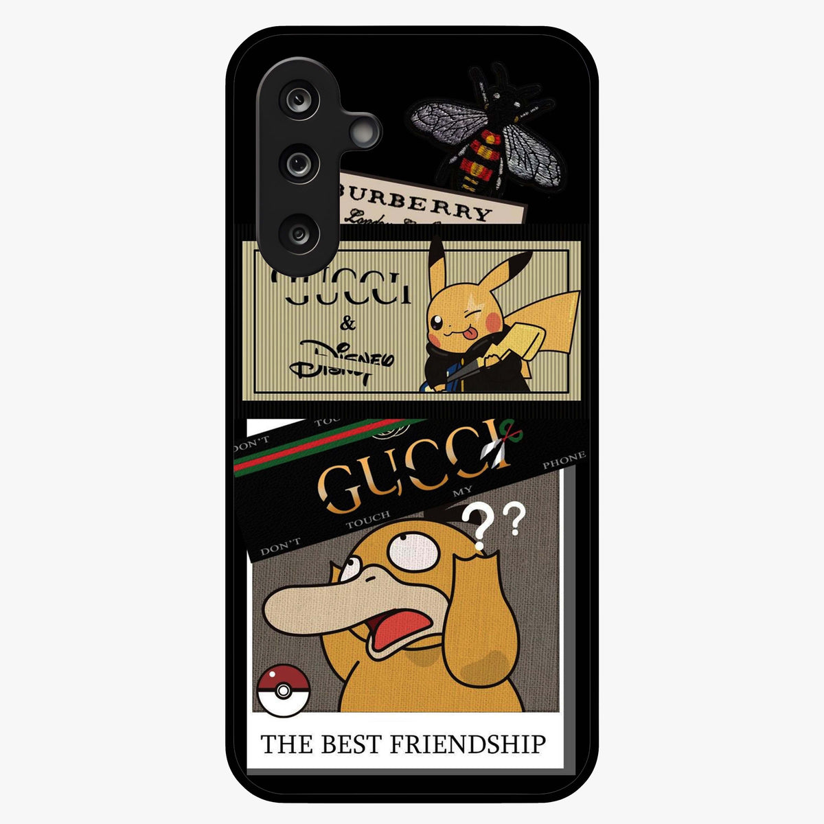 Gucci Play Mashup Glass Case showing flat back view with luxury inspired graphic artwork and glossy glass finish.