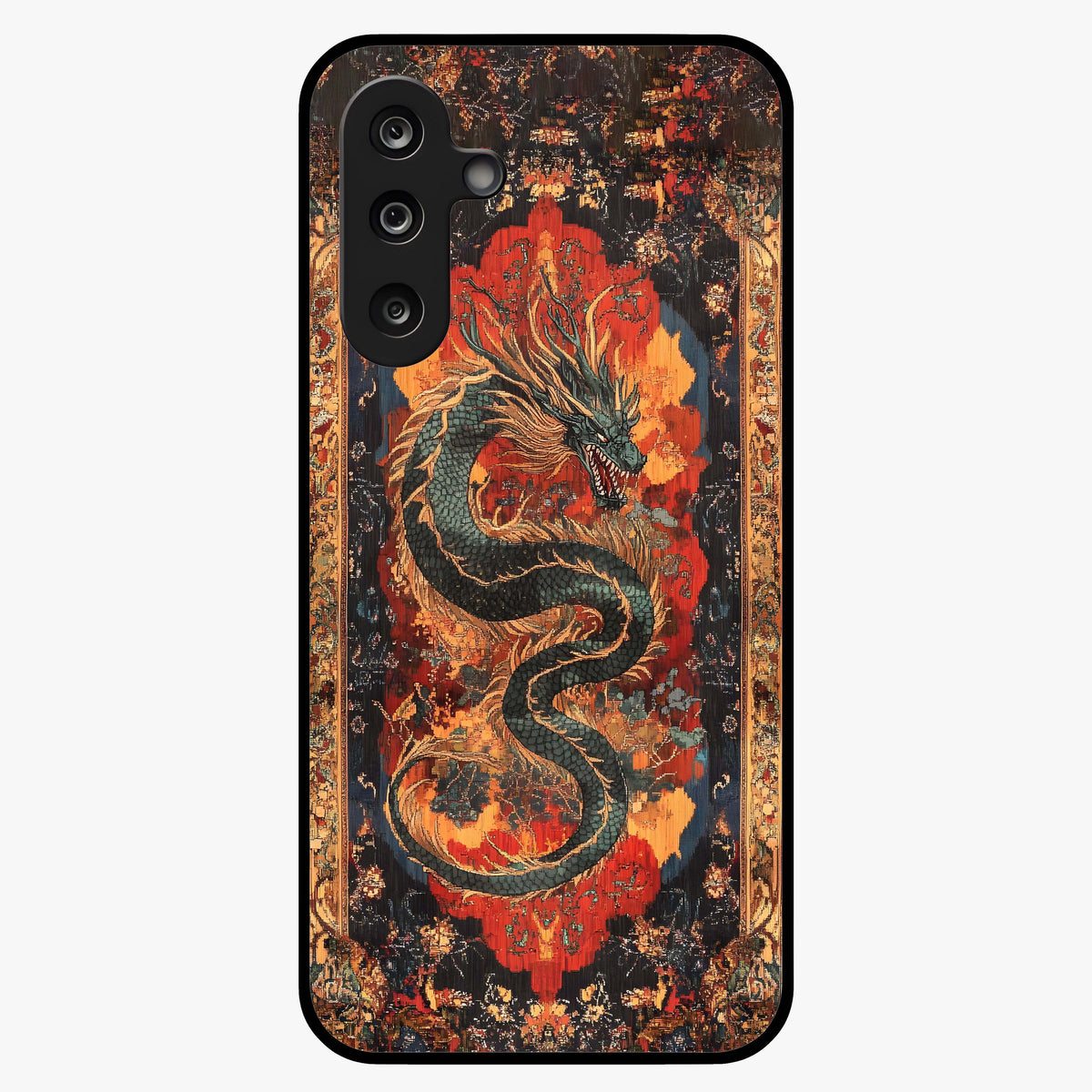 Inferno Dragon Soul Glass Case showing flat back view with fiery dragon artwork and glossy glass finish.