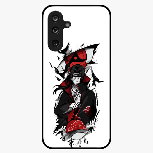 Itachi Sharingan Glass Case showing flat back view with powerful anime eye artwork and glossy glass finish.