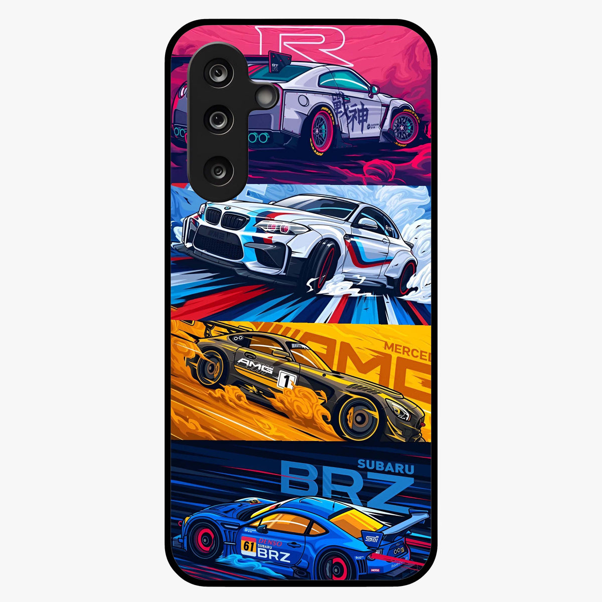 JDM Sports Car Glass Case showing flat back view with high performance sports car artwork and glossy glass finish.