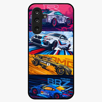 JDM Sports Car Glass Case showing flat back view with high performance sports car artwork and glossy glass finish.
