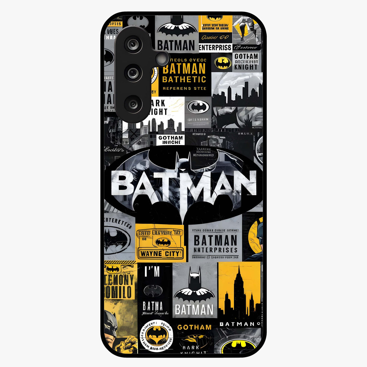 Knight Gotham Rise Glass Case showing flat back view with dark hero inspired artwork and glossy glass finish.