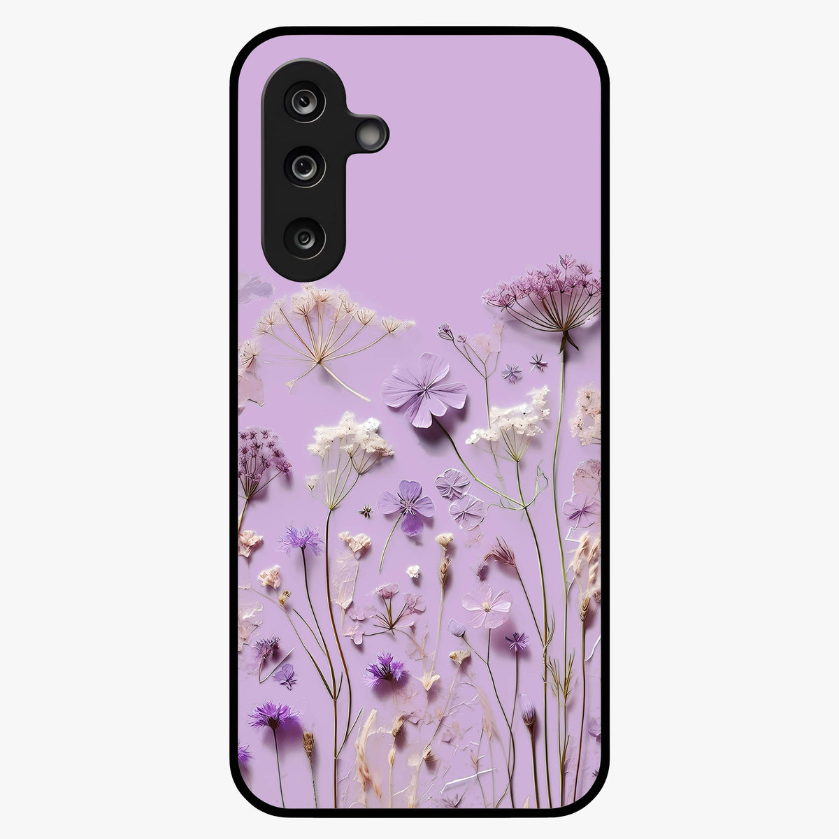 Lavender Blossom Dream Glass Case showing flat back view with soft lavender floral artwork and glossy glass finish.