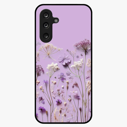 Lavender Blossom Dream Glass Case showing flat back view with soft lavender floral artwork and glossy glass finish.