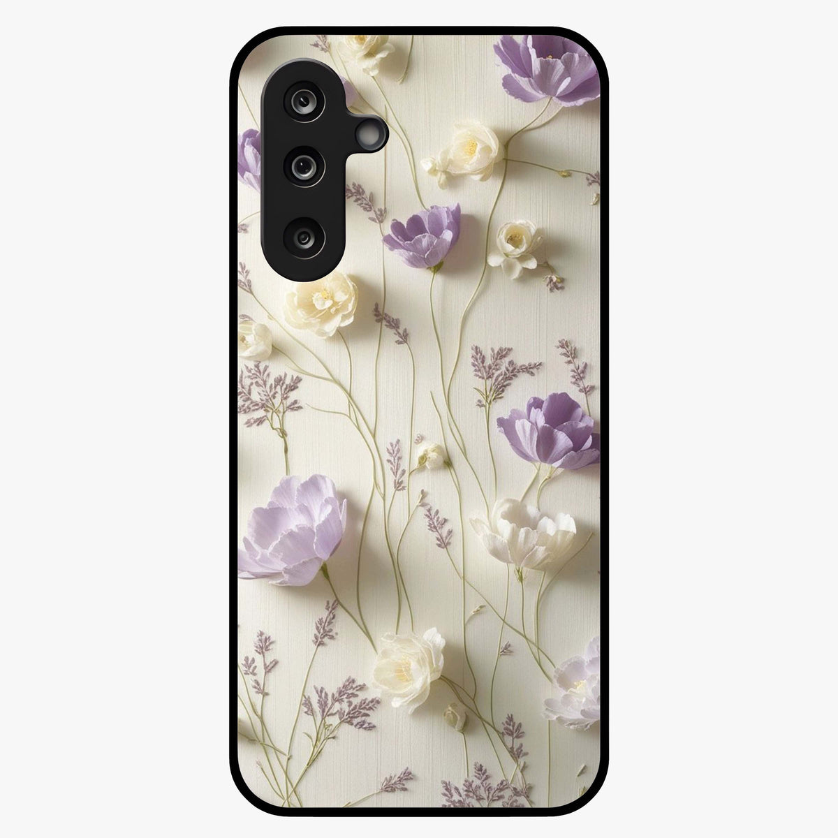 Lilac Breeze Harmony Glass Case showing flat back view with soft lilac themed artwork and glossy glass finish.