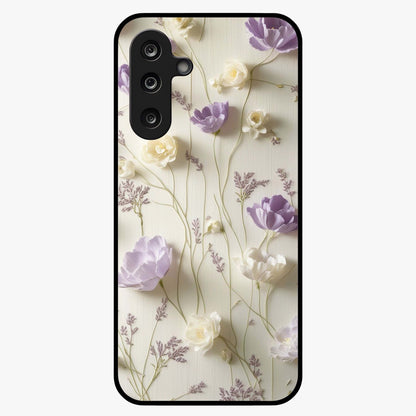 Lilac Breeze Harmony Glass Case showing flat back view with soft lilac themed artwork and glossy glass finish.