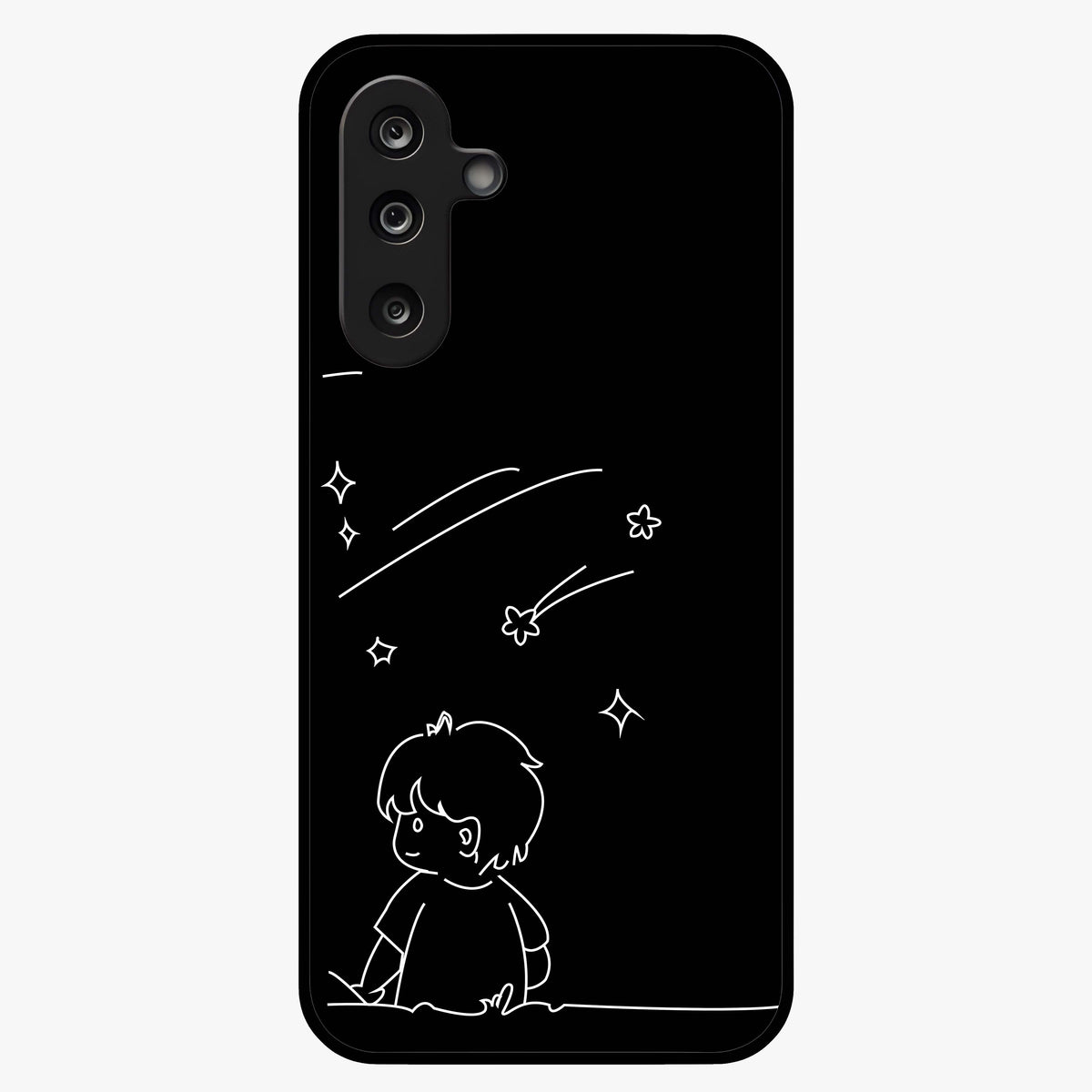 Line Art Boy With Shooting Stars Glass Case showing flat back view with minimal line art boy and shooting stars illustration and glossy glass finish.
