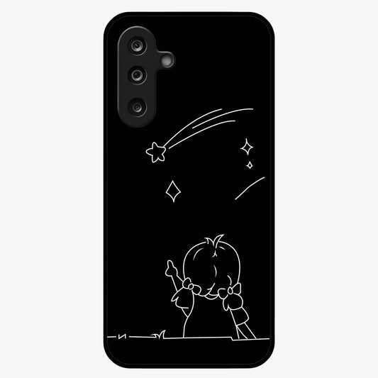 Line Art Girl With Shooting Stars Glass Case showing flat back view with minimal line art girl and shooting stars illustration and glossy glass finish.