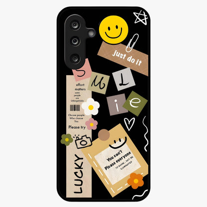 Lucky Aesthetic Collage Glass Case showing flat back view with trendy aesthetic collage artwork and glossy glass finish.