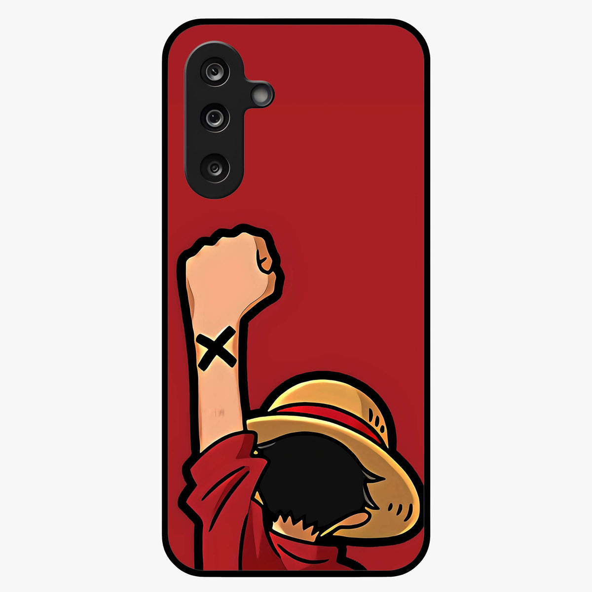 Luffy X Spirit Glass Case showing flat back view with bold anime character artwork and glossy glass finish.