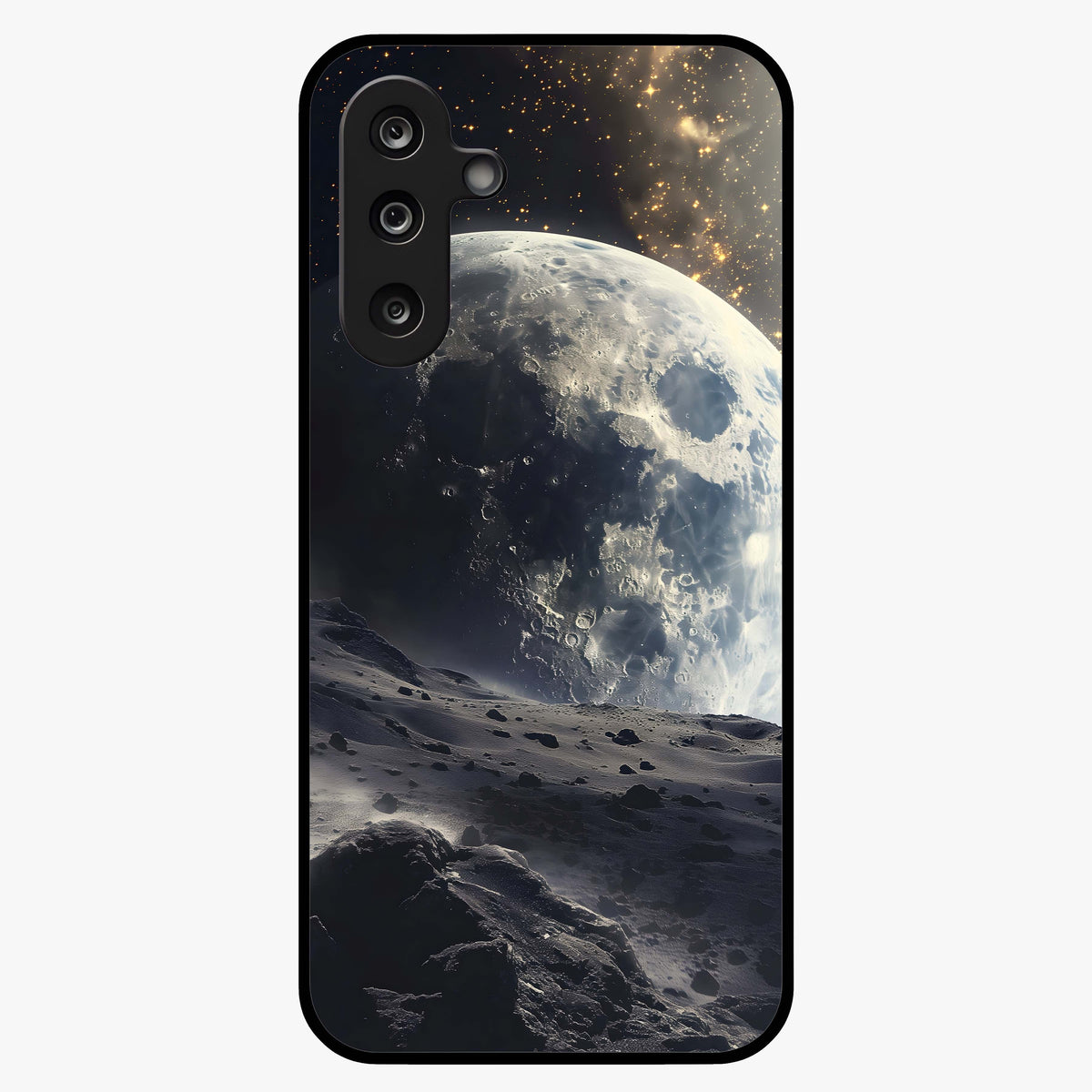 Lunar Horizon Glow Glass Case showing flat back view with glowing moon horizon artwork and glossy glass finish.