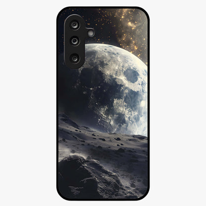 Lunar Horizon Glow Glass Case showing flat back view with glowing moon horizon artwork and glossy glass finish.