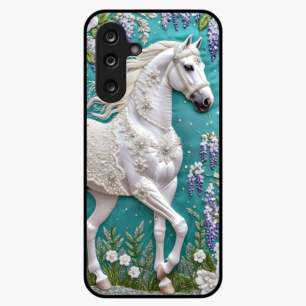 Majestic Floral Stallion Glass Case showing flat back view with powerful horse and floral artwork and glossy glass finish.