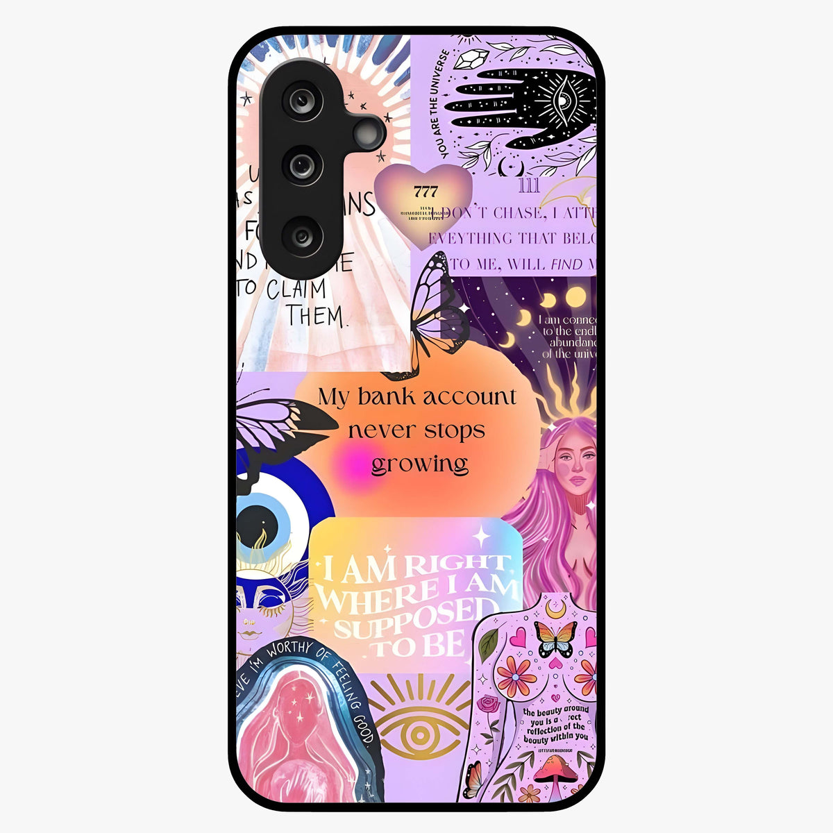 Manifestation Collage Glass Case showing flat back view with motivational collage artwork and glossy glass finish.