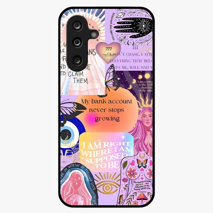 Manifestation Collage Glass Case showing flat back view with motivational collage artwork and glossy glass finish.