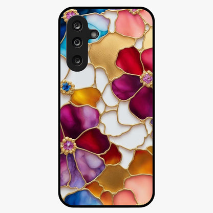 Marble Flower Pattern Glass Case showing flat back view with marble texture floral artwork and glossy glass finish.