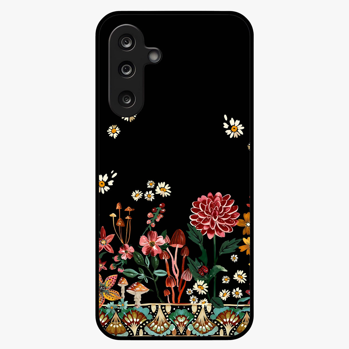 Midnight Bloom Pattern Glass Case showing flat back view with dark floral pattern artwork and glossy glass finish.