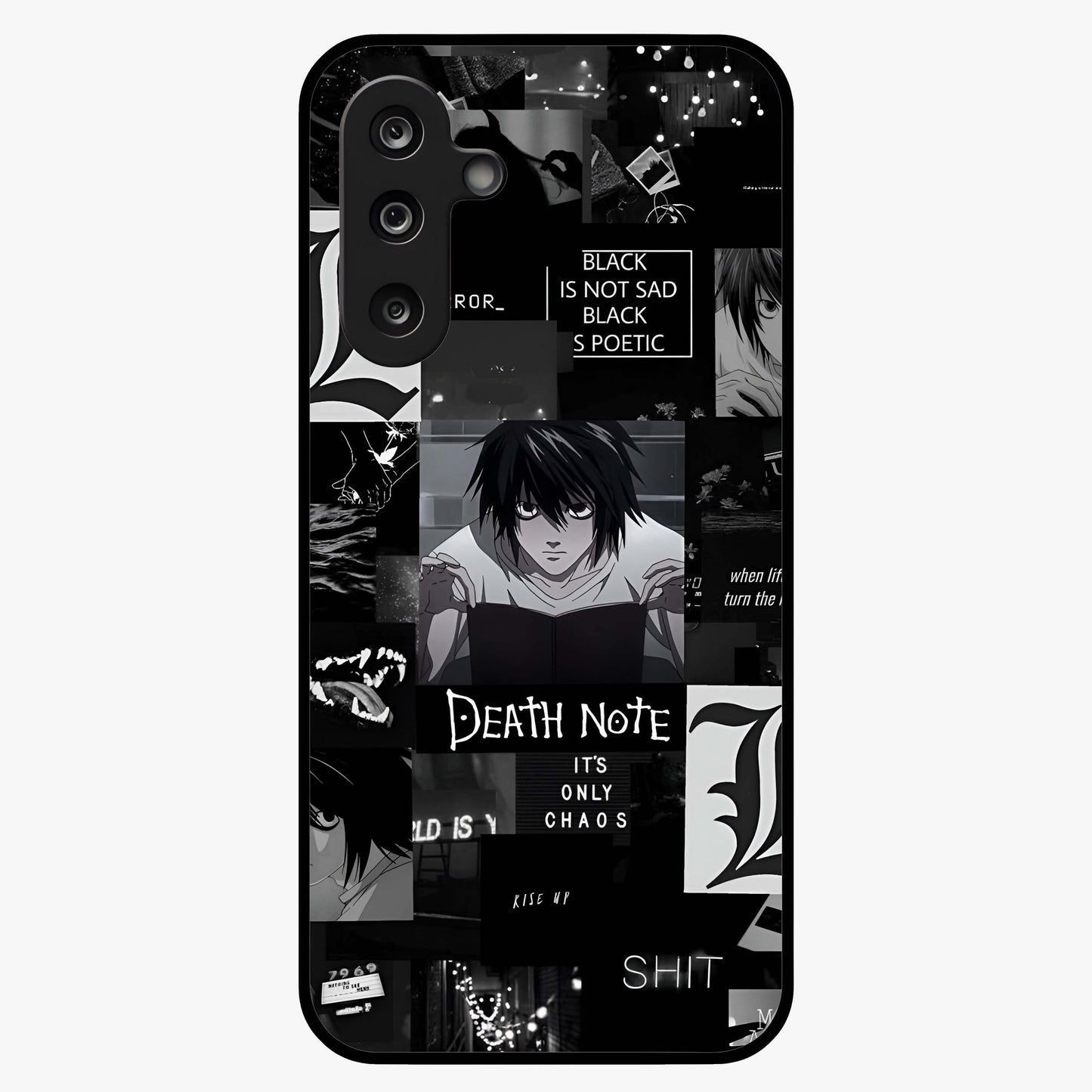 Midnight Chaos Mind Glass Case showing flat back view with abstract dark themed artwork and glossy glass finish.