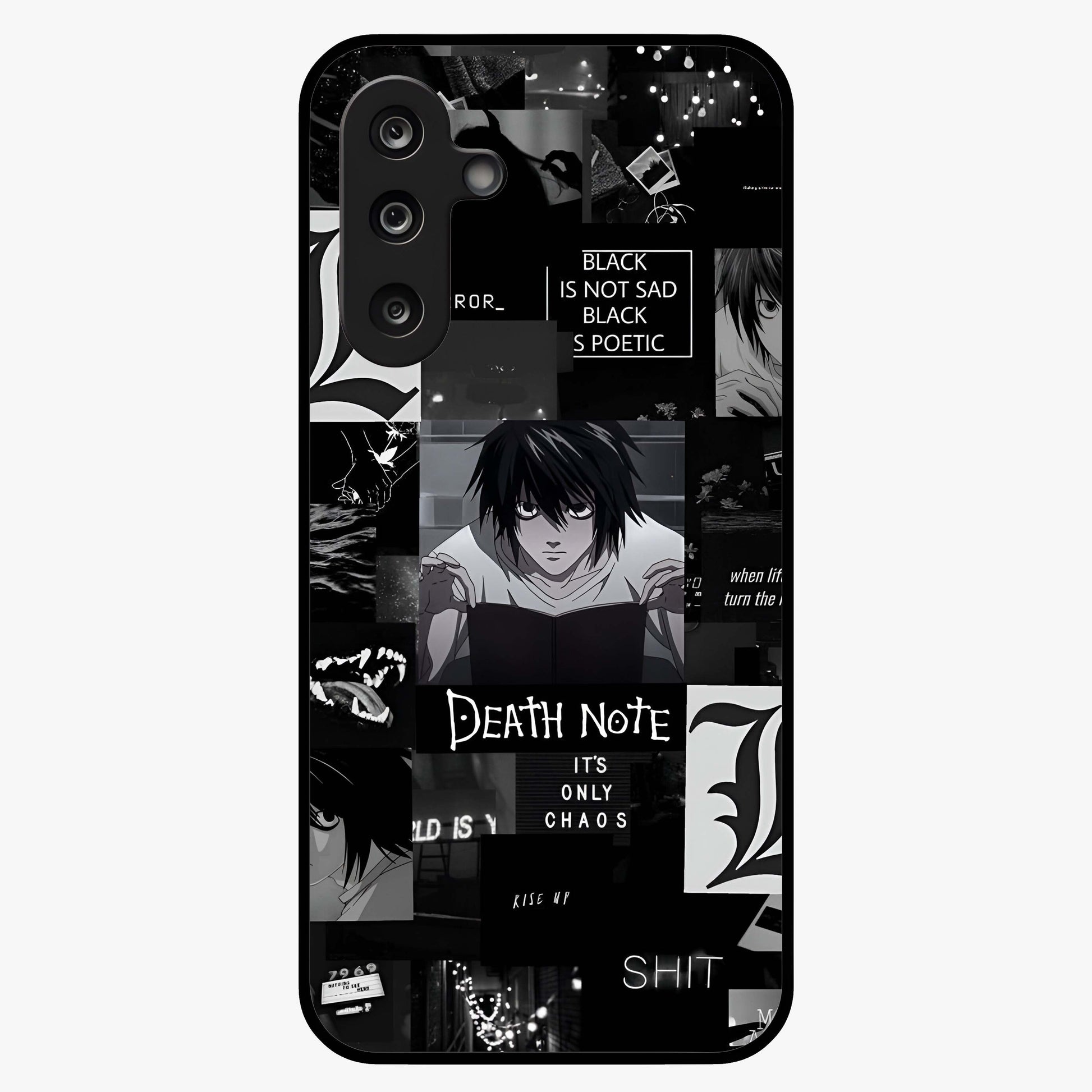 Midnight Chaos Mind Glass Case showing flat back view with abstract dark themed artwork and glossy glass finish.