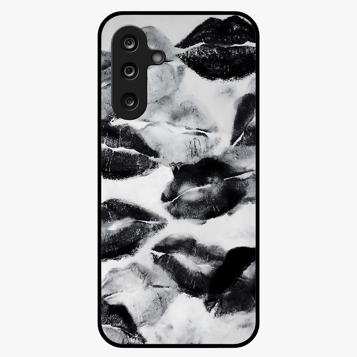 Midnight Kiss Marks Glass Case showing flat back view with lipstick kiss mark artwork and glossy glass finish.