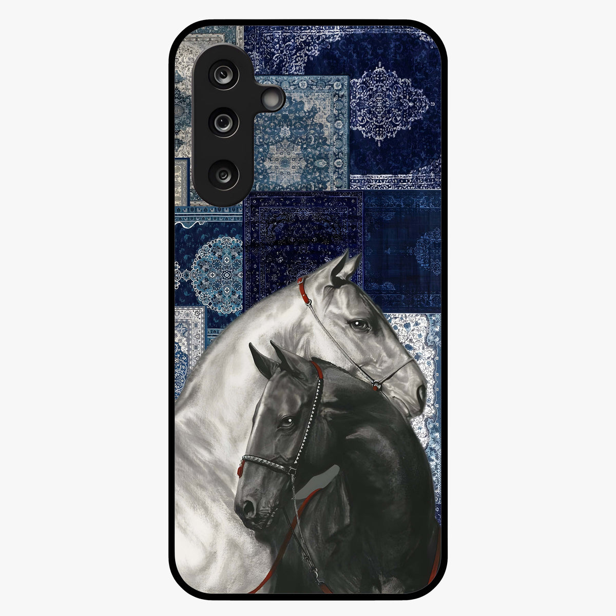 Midnight Stallion Blues Glass Case showing flat back view with majestic horse artwork and glossy glass finish.