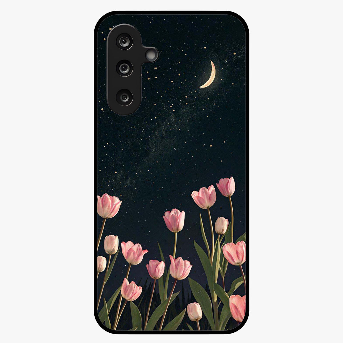 Midnight Tulip Whispers Vibe Glass Case showing flat back view with elegant tulip flower artwork and glossy glass finish.